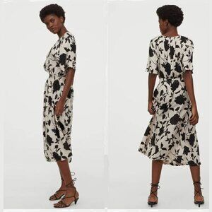 H&M Mid-Calf Length Dress Black Cream Floral Print Sz L